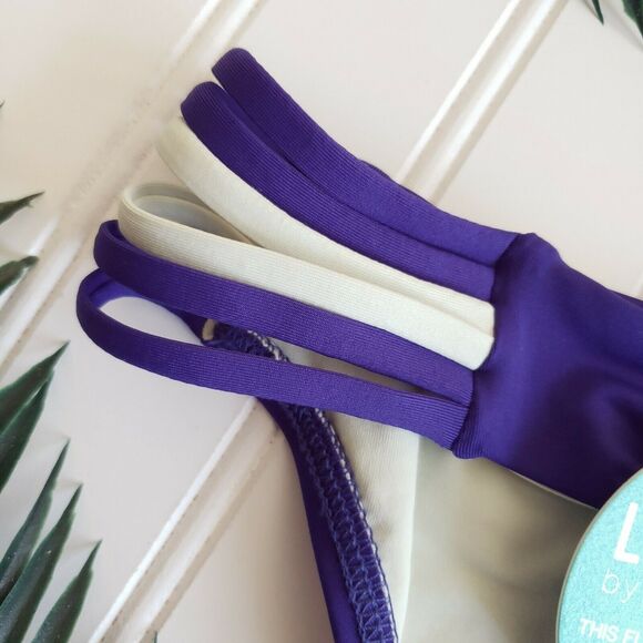 L*SPACE Oasis two tone full cut hipster strappy bikini bottoms sapphire Sz S NEW - Picture 5 of 8